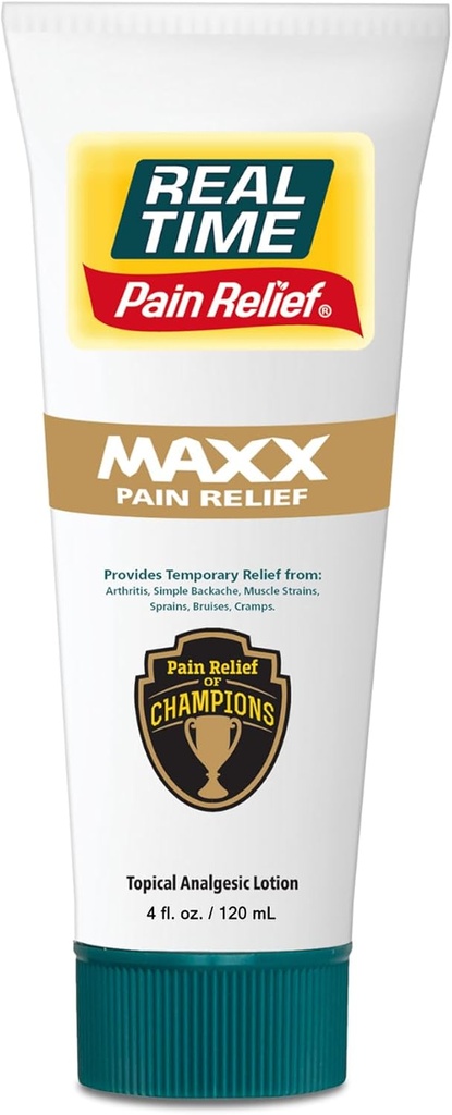 Alivio del dolor en tiempo real MAXX 4oz Tube TENIDO 18 Ingredientes naturales: Arnica, Menthol &amp; Peppermint ANTE Maximum Strength Muscle Doin Relief Lotion for Arthritis, Hands, Ankles, Back, Hombros, Manguitos &amp; Manchas