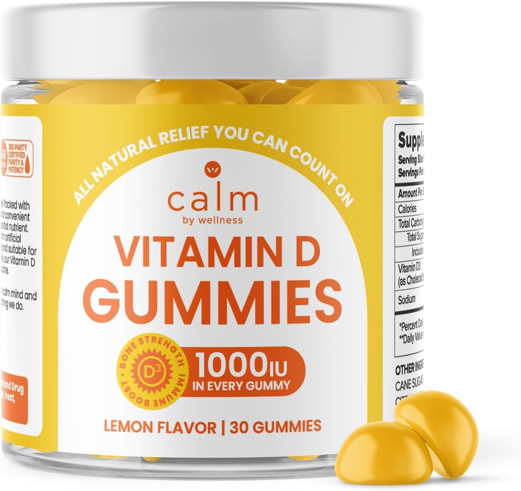 Calma por Wellness Vitamina D Gummies para Adultos, Vitamina D3 Gummy, Vitaminas para el soporte del sistema de huesos e inmunes, Lemon Flavor, 30 Cuenta