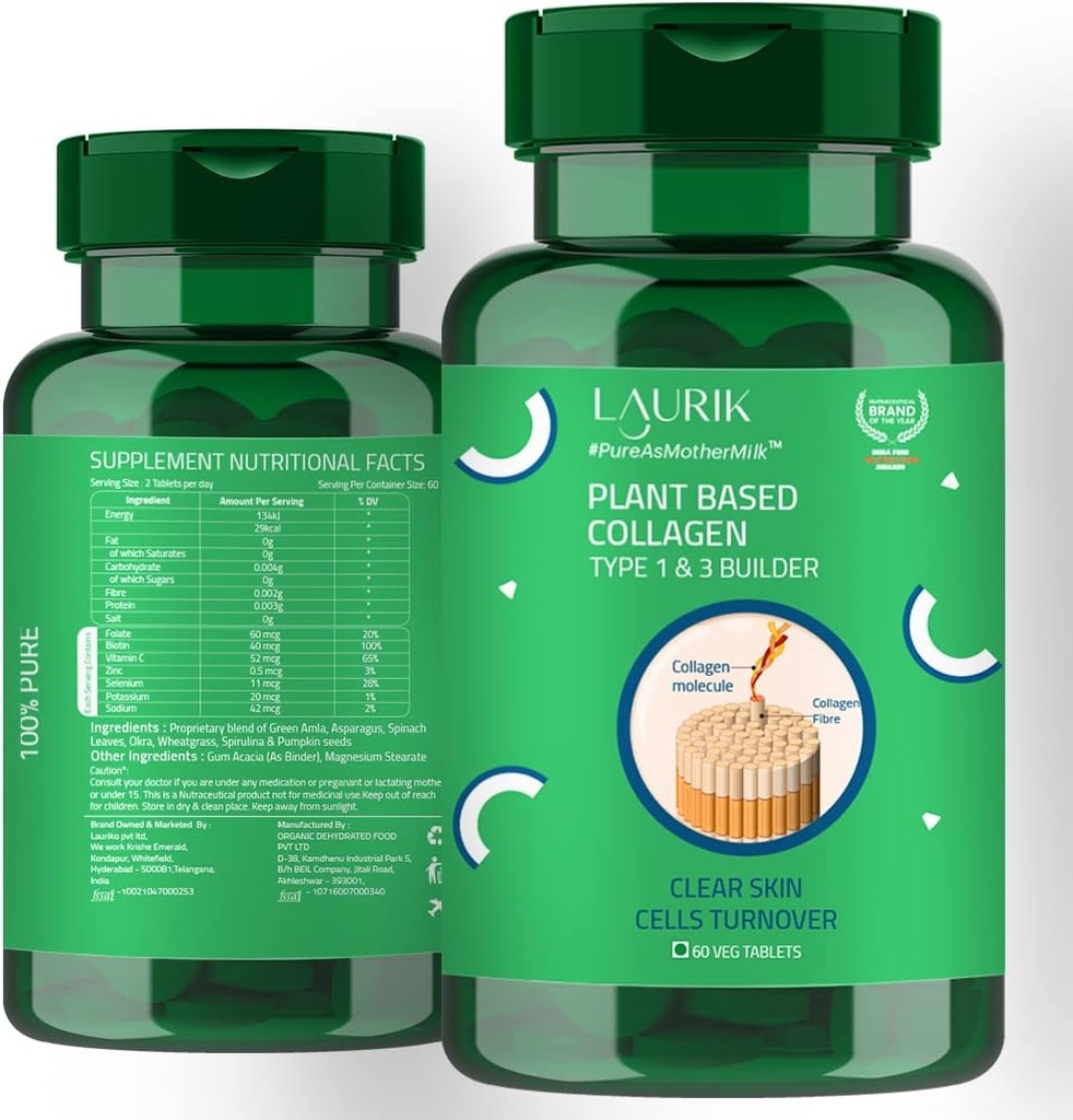 laurik Collagen basado en plantas Tipo 1 &amp; 3 Constructor para hombres y mujeres, Colagen Tablets for Skin Radiance and Elasticity - 60 Tablets Green