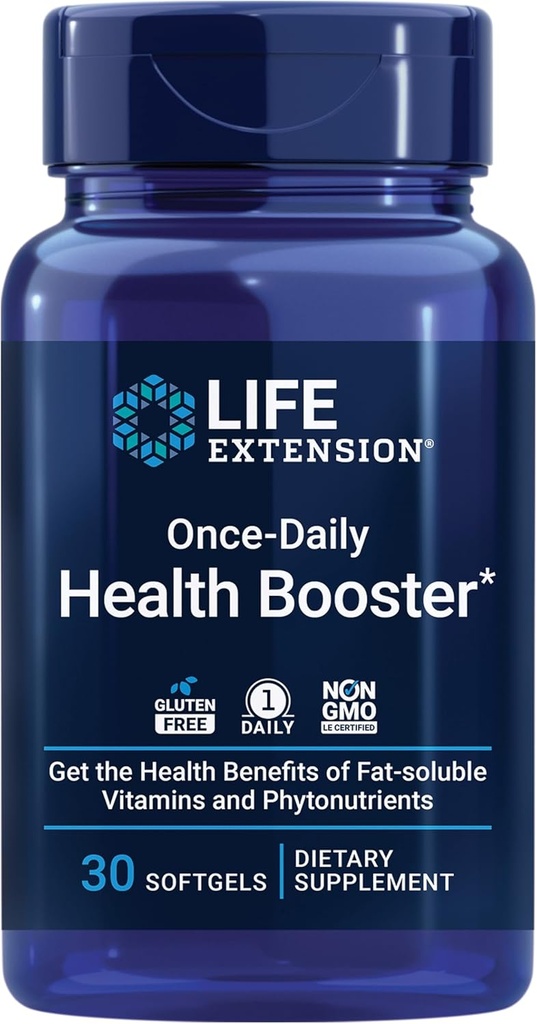 Extensión de la vida Booster de salud una vez por día, vitaminas E, K1 & K2, fosfolípidos, nutrientes sin grasa para la salud ocular, salud ósea, salud cardíaca, libre de gluten, 1 diariamente, no transgénico, 30 softgels