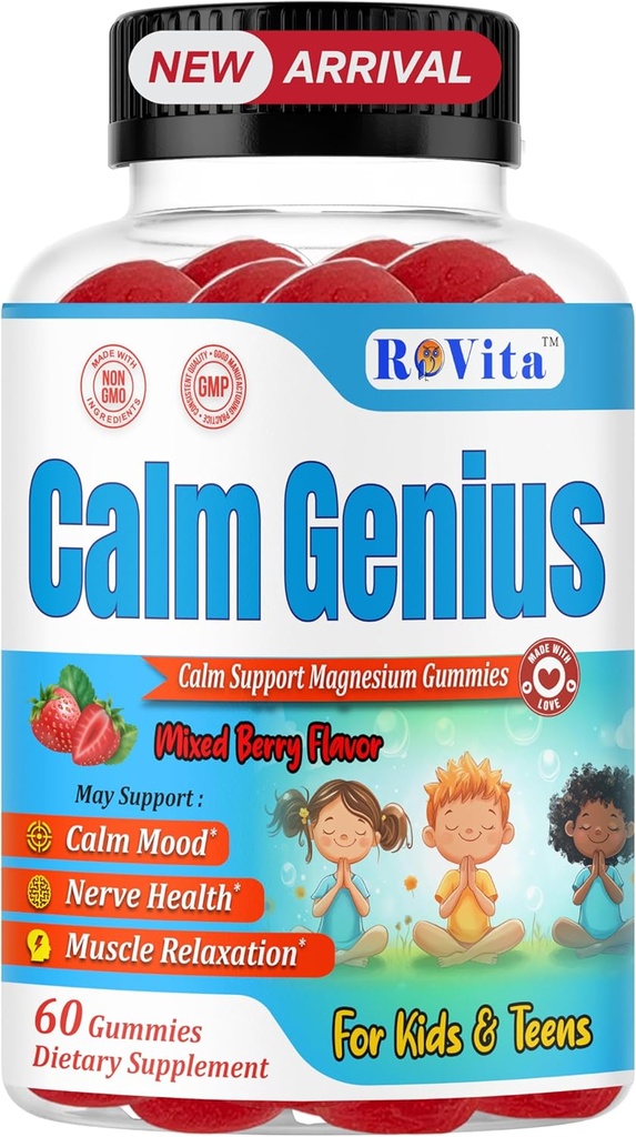 Calma Genius Kids Magnesium Gummies – Calma y Relajación Suplemento para Niños – Soporta el sueño, la salud ósea &amp; musculos – Magnesium Citrate Gummies – 60 Conde, 2 Month Supply