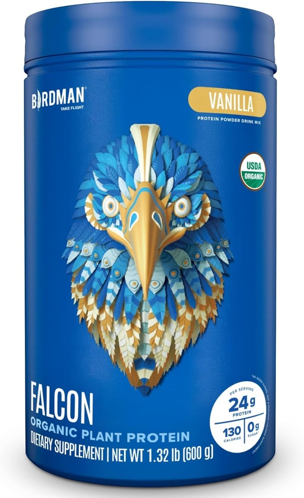 BIRDMAN Falcon Organic Vegan Potein Powder Vanilla, 24g Protein, Sugar Gratis, Probióticos, Baja Carb, Keto Friendly, Dairy Free, Lactose Free, Non Whey, Plant Based Pea Protein Powder - 18 Servings