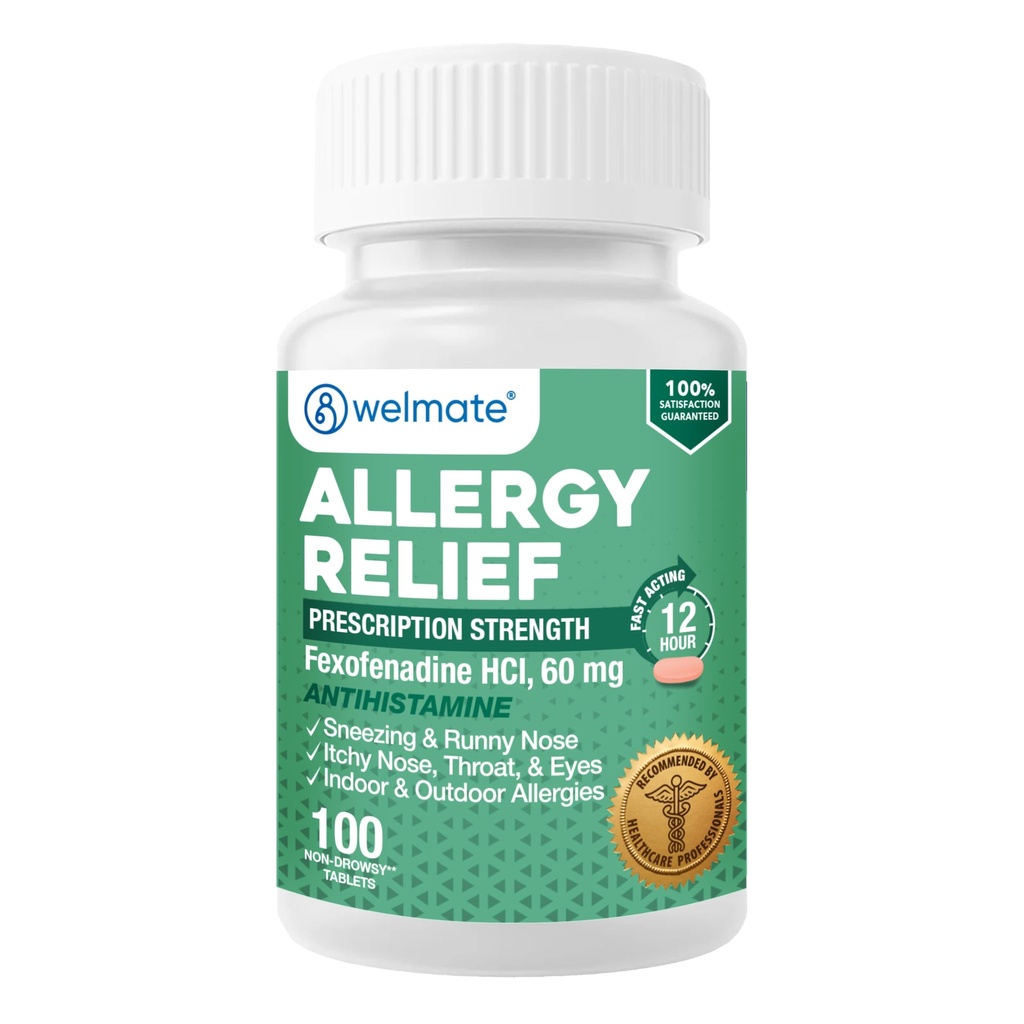 WELMATE - Alivio de la alergia - Fexofenadine HCl 60 mg - 12 horas Antihistamínico antihistamínico no somnoliente - Runny Nose - Itchy Eyes, Nose & Throat - Indoor &amp; Outdoor Alergy Relief Tablets - 100 Count