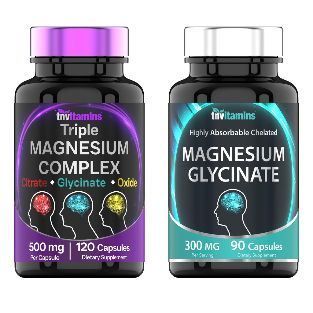 Complejo de magnesio triple 500mg (120 cápsulas) &amp; Magnesium Glycinate 300mg (90 cápsulas)