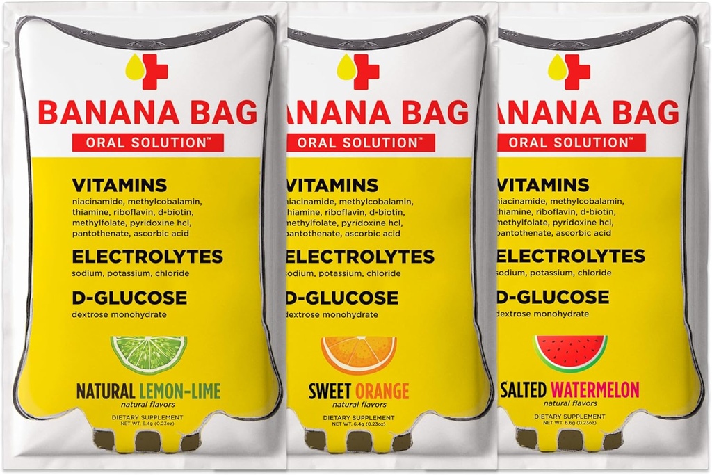 Bolso de plátano Solución Oral Packets – Variety Pack 15pk TENIDO UN Blend Refreshing de Electrolitos, Vitamina C y B-Complex ANTERIO ORGANIZADO para la hidratación y la energía en cualquier momento, ya sea en casa, trabajo o en el go