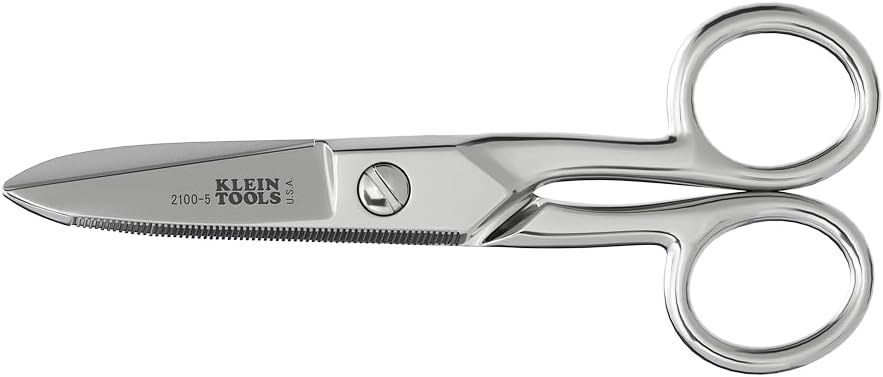 Klein Tools 2100-5 Tijeras electricistas, fabricadas en EE.UU., Tijeras compactas de 5,25 pulgadas para cortes pesados y trabajo de baja tensión, multifunción