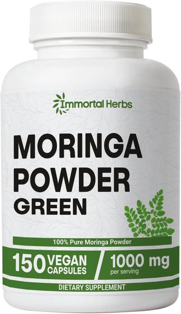 Moringa Capsules, 1000mg Strength, 20:1 Pure Moringa Leaf Powder, Digestive &amp; Immune Support Green Superfood, Non-GMO & Gluten Free