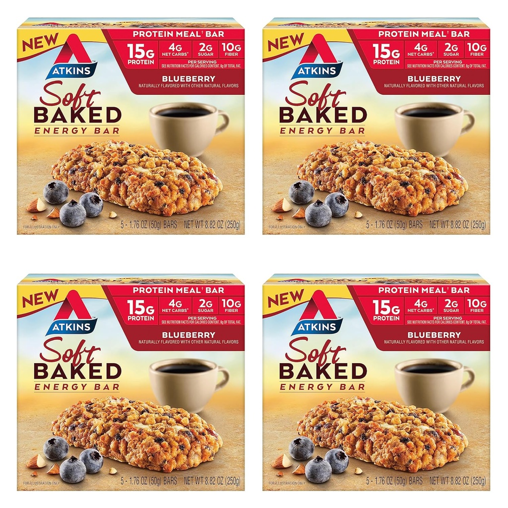 Atkins Blueberry Flavored Soft Baked Energy Bar, High in Protein Snack Bar, Low Sugar, High Fiber Snack, Protein Snack, 4 Packs (4 Bares Cada)