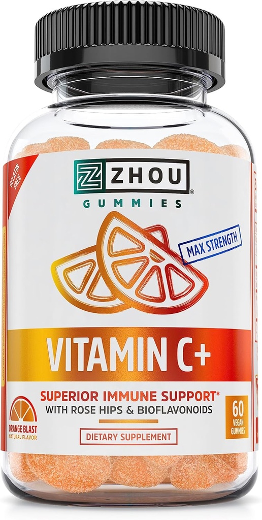 Zhou Vitamin C+ Gummies - Vitamin C Gummies for Adults and Kids, 270 mg per Gummy with Bioflavinoids and Acerola for Immune Support - 60 Vegan Gummies