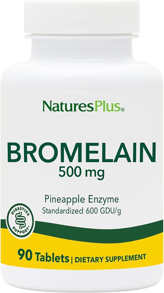 Natures Plus Bromelain - 500 mg, 90 Tabletas Vegetarianas - Enzima Proteolítica Natural Suplemento- Sin gluten - 90 Servimientos