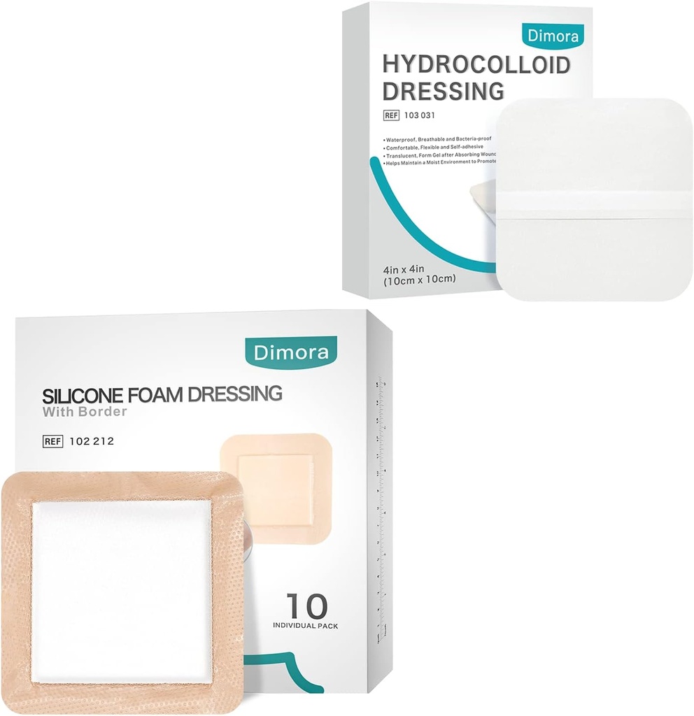 Dimora Hydrocolloid Wound Dressing10 Pack 0.3mm + Silicona Foam Dressing with Border Adhesive 6"x6" 10 Pack