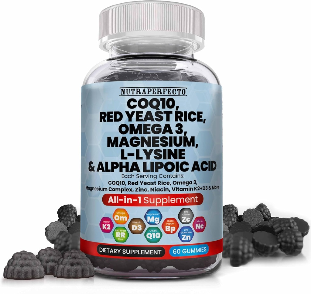L-Lysine Coq10 Alpha Lipoic Acid Gummies Red Yeast Rice Magnesium Gummy para Adultos y Niños - Suplementos Aminoácidos Omega 3 Niacin Zinc Vitamin K2 D3 B3 - Vitaminas para Mujeres y Hombres - 60 Osos Gummy