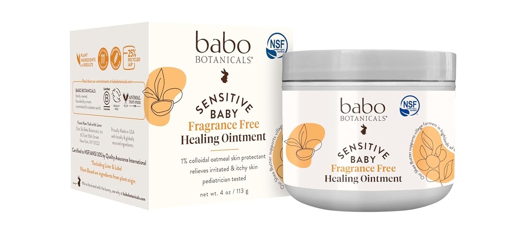 Babo Botanicals Sensitive Baby Fragrance-Free All Natural Healing Ungüento - 99% Orgánica " 1% Carne Colloidal - Sin esteroides - NSF certificado - para Eczema, Irritated/Esquía picante - Cara, Cuerpo, Área del pañal