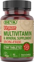 Deva Vegan Multivitamina y Suplemento Mineral Libre de Hierro - con vitaminas A, C, D, E, Complejo B, Formulación de alta potencia para la salud y el bienestar diarios - 90 tabletas pequeñas, 1-Pack
