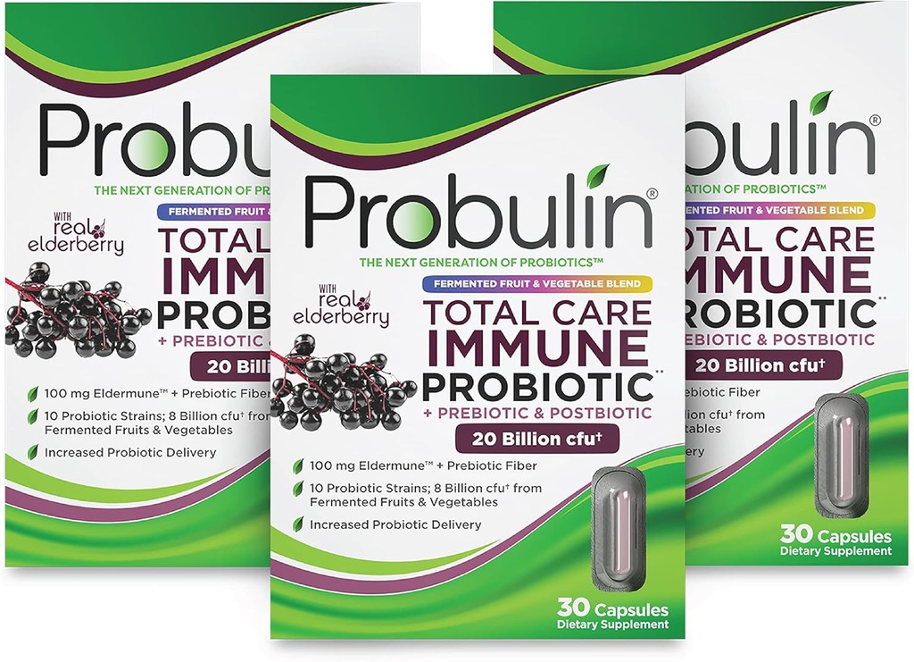 Probulina Total Care Immune = Prebióticos + Postbióticos + Elderberry para soportar Immune & Gut Health - 20 Billion CFU - 10 Strains - 30 Vegan Capsules (Pack of 3)