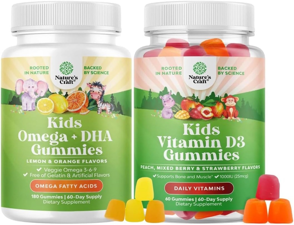 Bundle of Omega DHA Gummies for Kids - Fatty Acids Omega 3 6 9 - Vitamina C para Cerebro, Inmunity & Vision y Vitamina D Gummies for Kids - 1000 UI Por Serving - Immune Support Muscle Teeth &amp; Bone Health
