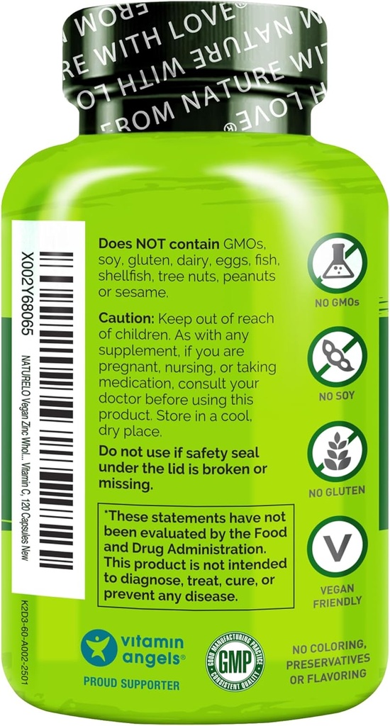 NATURELO Vegan Zinc Immune Support Capsules - Whole Food Complex with Vitamin C for Healthy Skin, Hair, and Nails - 120 Capsules