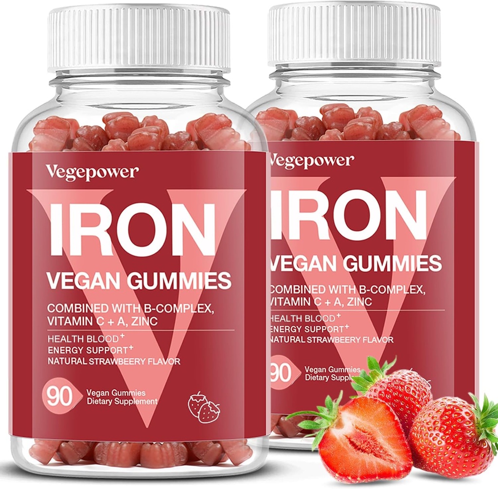 Gummies de hierro Suplementos para niños de mujeres - Multivitamina con goma de hierro para el oxígeno de la sangre, grandes Gummies de Cata con vitamina C para Max Absorción, Chewable Vegan(180 Conde, Fresa)