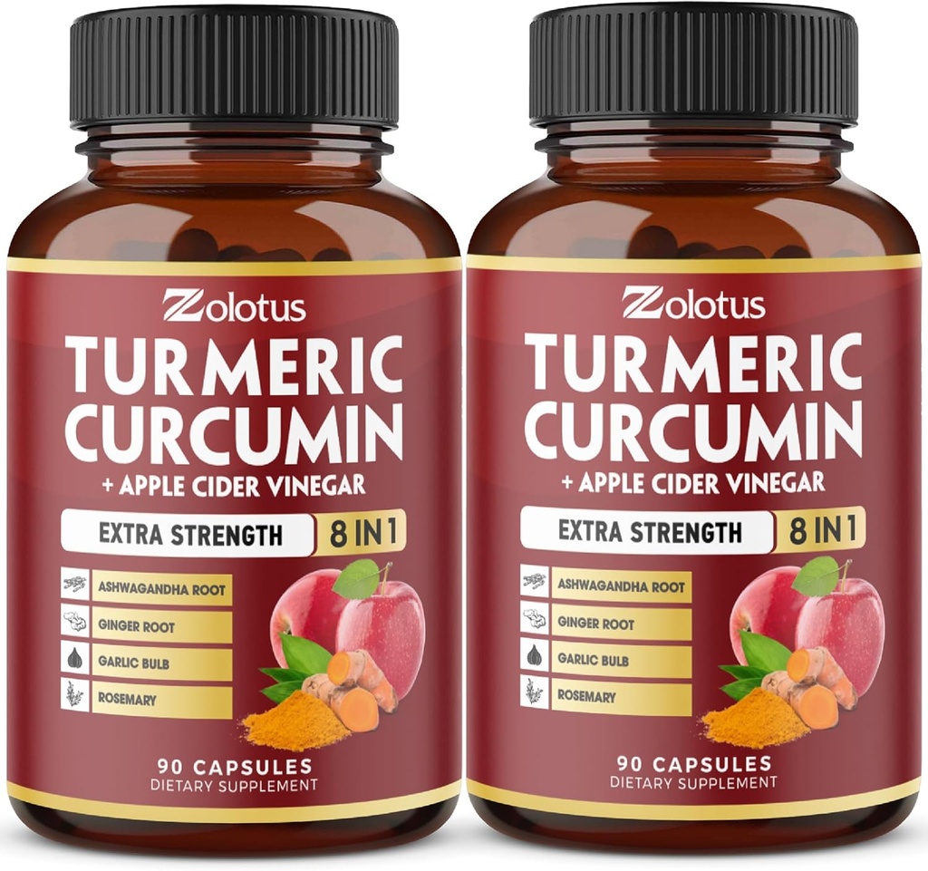 2packs 90 cápsulas Curcumina Turmérica + cápsulas de vinagre de manzana, 6 meses de suministro con Ashwagandha, jengibre, 95% de Curcuminoides Estándarizados, Soporte Conjunto de Absorción