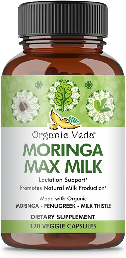 Orgánica Veda Moringa Max Milk Lactation Supplement (120 Capsules) - 1800mg Super Strength Organic Vegan Complex with Fenugreek, Milk Thistle, Moringa Leaf " Semillas para el suministro de leche materna