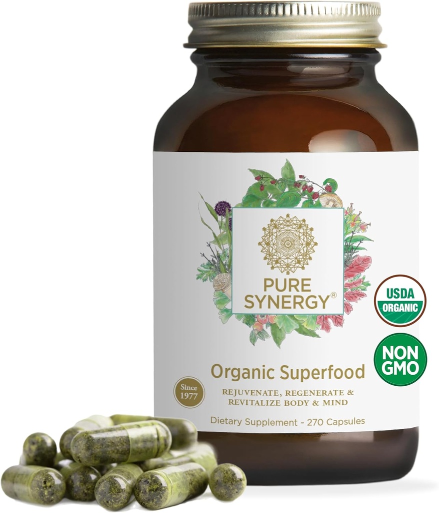 PURE SYNERGY Superfood Capsules ← Superfood &amp; Greens Suplemento ← Alimentos enteros como Super Greens, Spirulina, " Mushrooms  durable for Energy, Healthy Aging " Immune Health (270 Capsules)