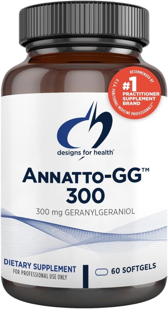 Diseños para la salud Annatto-GG 300 - Geranylgeraniol GG Suplemento de Annatto Seeds - Apoyos Saludable Envejecimiento, Bone Health, Muscle Health, Cellular Energy &amp; Production of Coenzyme Q10 (60 Softgels)