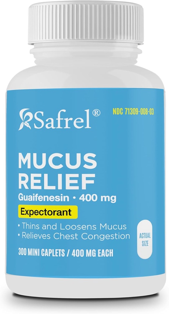 Safrel Pharma Mucus Relief Guaifenesin 400 mg - Fast Acting Expectorant, Thins and Loosens Mucus, Relieves Chest Congestion, Cough, Cold and Flu TEN (300 Conteo (Pack of 1))
