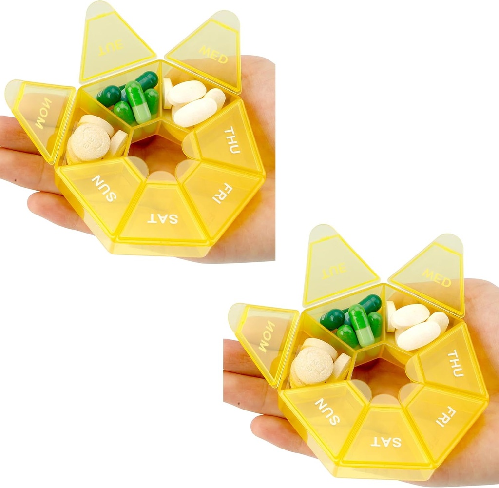 Pill Organizer 2 Pack - Semanal 7 Día Pequeño Caso para la Medicina, 1 Hora un Container, Travel Holder (Yellow)