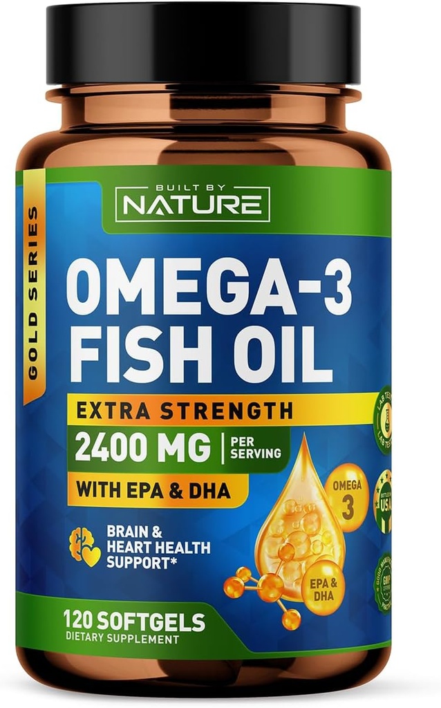 Fabricado por Nature Omega 3 Fish Oil Soft Gels - 2400 mg Fish Oil, 1440 mg Omega 3, 864 mg EPA, 576 mg DHA - Extra Strength Brain & Heart Health Support Suplemento - 120 Softgels