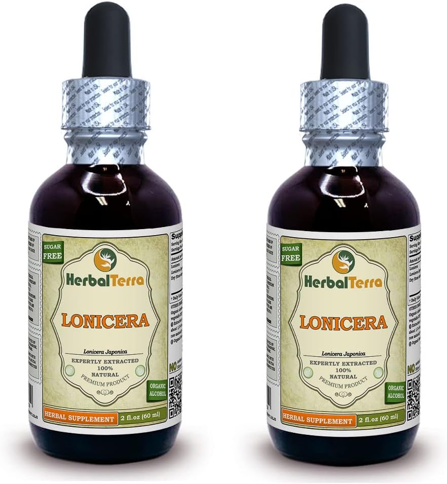 Lonicera (Lonicera Japonica) Tintura, Flores secas Extracto líquido (Marca: HerbalTerra, Proudly made in USA) 2x2 fl.oz (2x60 ml)
