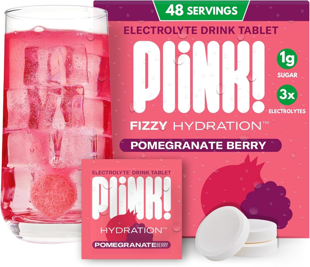 ¡Plink! Tablas de electrolitos de fizzy para adultos " niños - Berry de granada, 48ct – Hidratación diaria de familia – Bajo azúcar, Vegan, Keto Friendly, Non-GMO