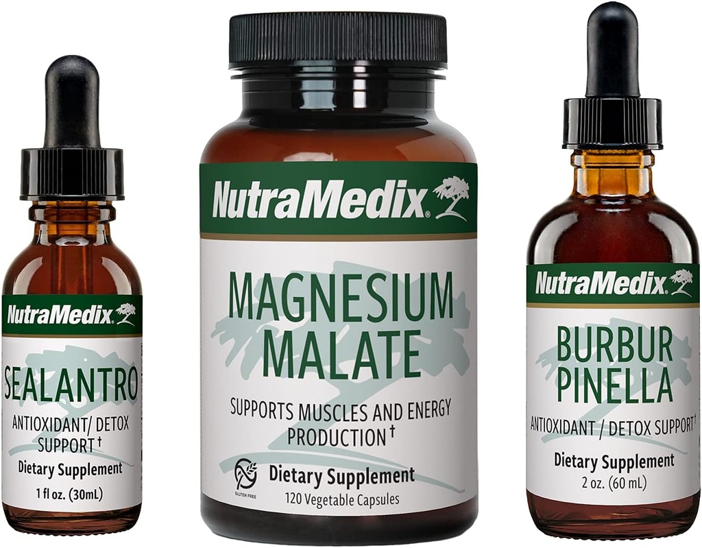 NutraMedix Detox Set - 3-Piece Kit con Sealantro, Burbur-Pinella &amp; Magnesium Malate for Cleansing, Detox &amp; Daily Wellness Support - Plant-Based Liquid Detox Drops " Daily Capsules