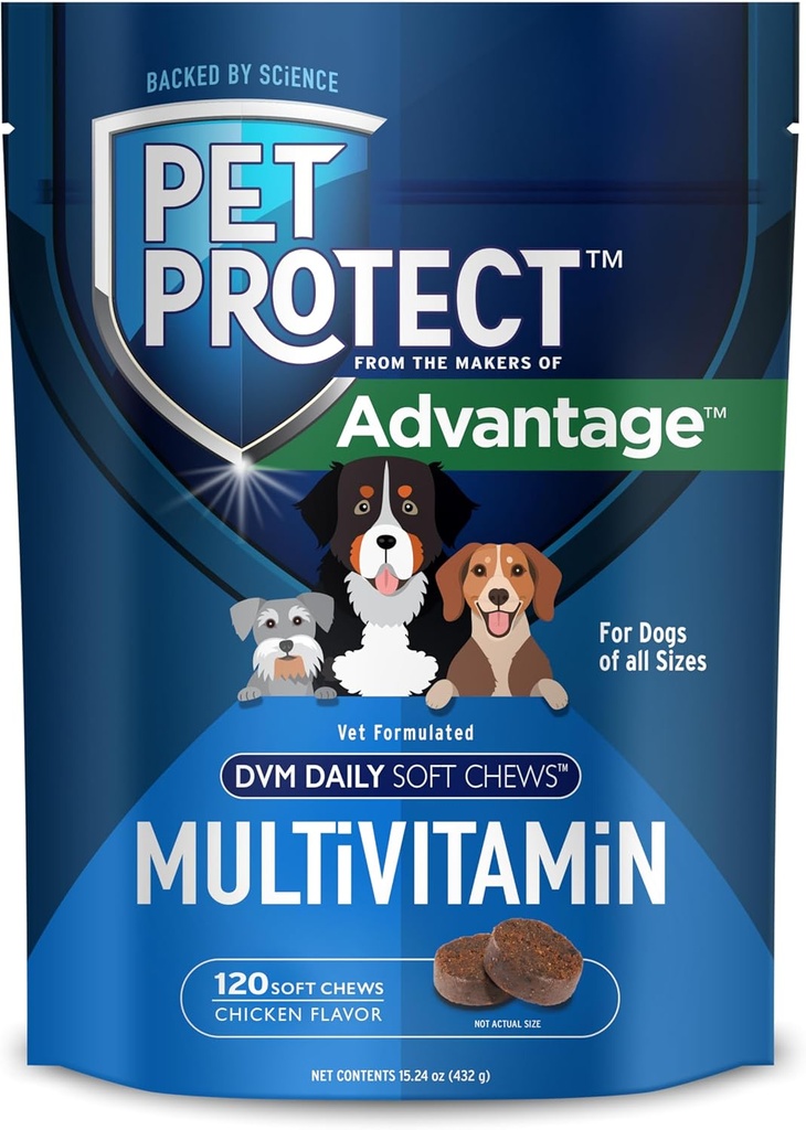 Pet Protect Dog Multivitamin, Vet-Formulated DVM Daily Soft Chews, soporta salud continua y bienestar, Chicken-Flavor (120 Conteo)