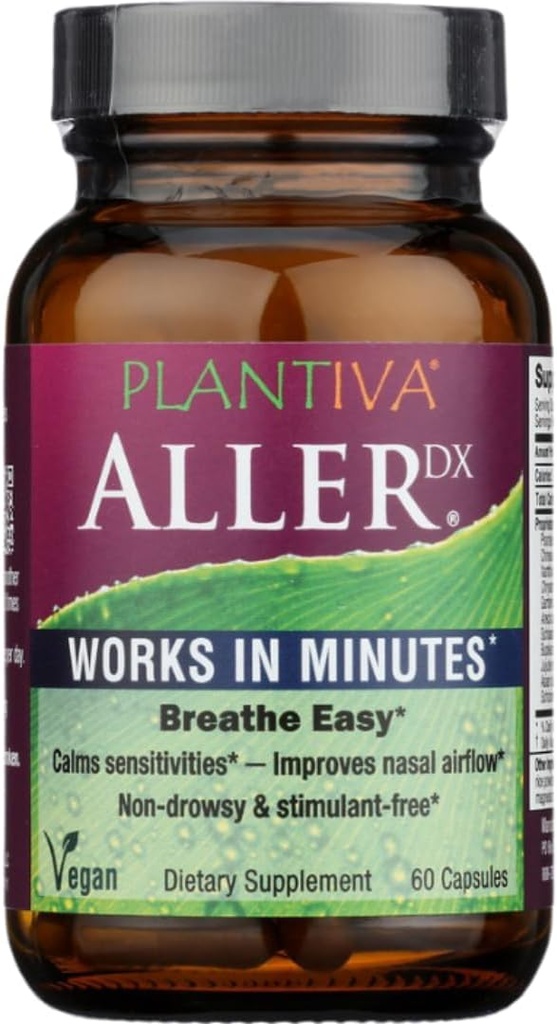 AllerDx Natural Herbal Suplemento de Apoyo Estacional - No-Drowsy, Estimulante libre, de acción rápida de apoyo respiratorio - 60 cápsulas