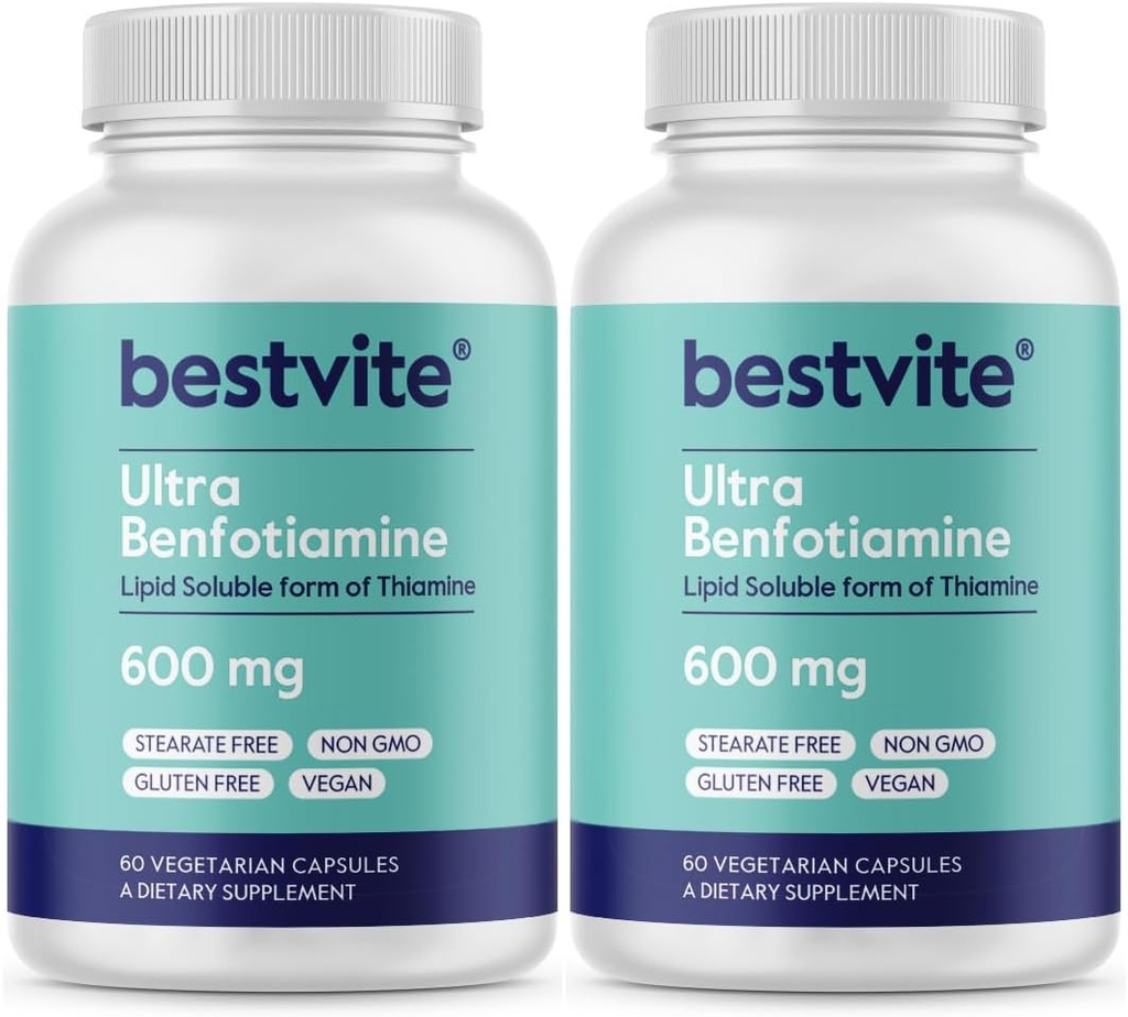 Ultra Benfotiamine 600mg por cápsula (120 cápsulas vegetarianas) (60x2) No Stearates - No Silicon Dioxide - Vegan - No GMO - Gluten Gratis - Maximum Strength Benfotiamine