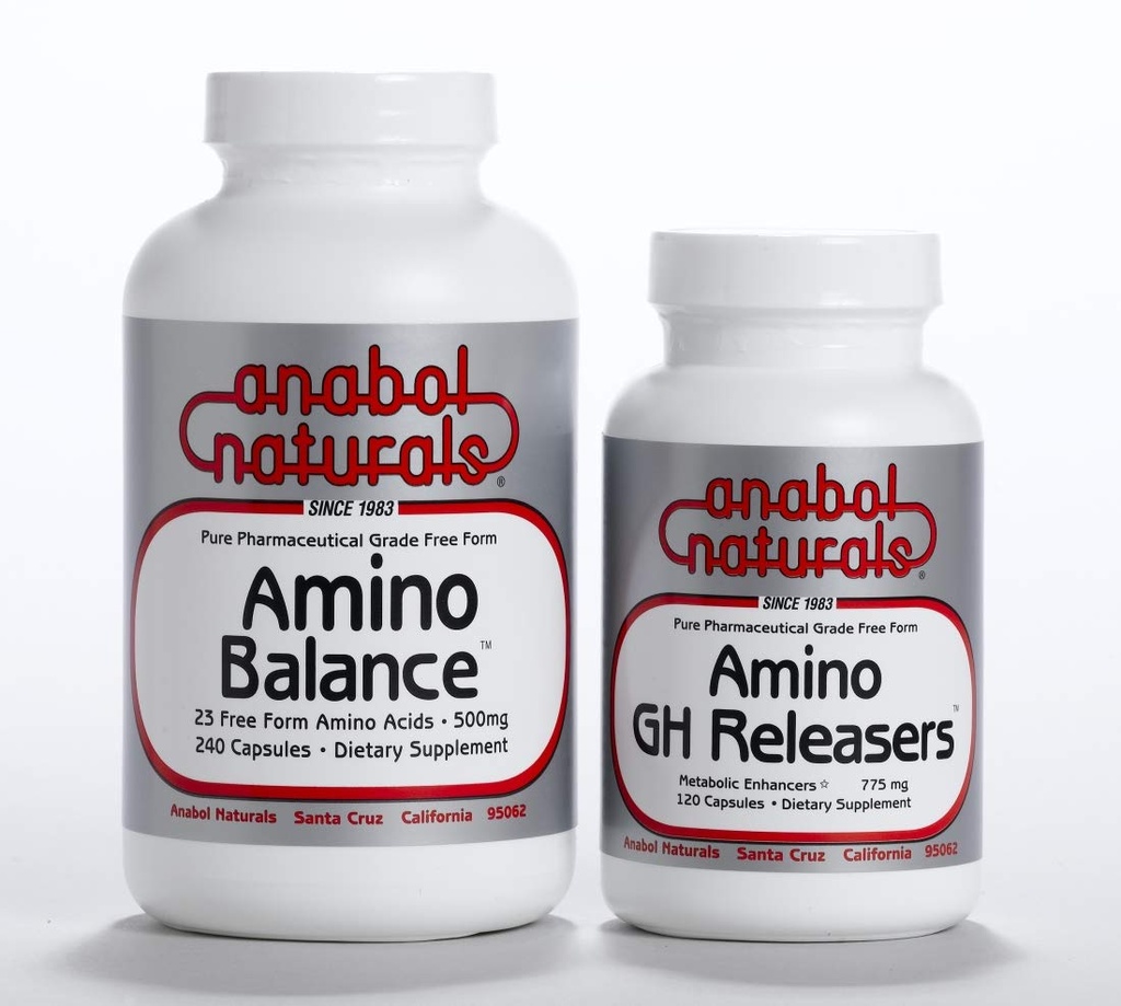 Physique Stack–Amino Balance 240 caps Full Free Form Formula con BCAA y EAA para la recuperación del músculo. Amino GHReleasers 120 caps Pre-Workout with L-Arginine and L-Glutamine for Lean Muscle Growth