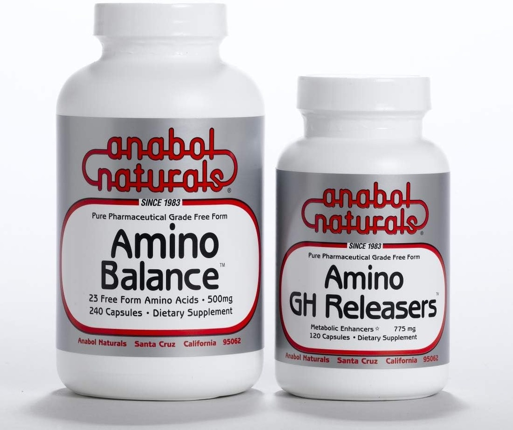 Physique Stack–Amino Balance 240 caps Full Free Form Formula con BCAA y EAA para la recuperación del músculo. Amino GHReleasers 120 caps Pre-Workout with L-Arginine and L-Glutamine for Lean Muscle Growth