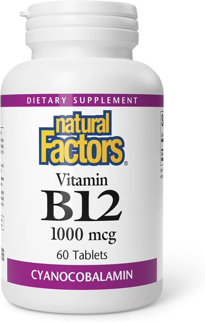 Factores naturales, Vitamina B12 Cyanocobalamin 1000 mcg, soporta la producción de células de energía y sangre roja, 60 tabletas (60 porciones)