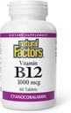 Factores naturales, Vitamina B12 Cyanocobalamin 1000 mcg, soporta la producción de células de energía y sangre roja, 60 tabletas (60 porciones)