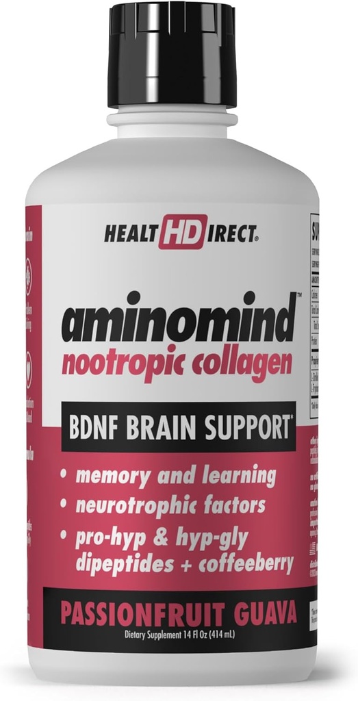 HEALTH DIRECT - AminoMind - Suplemento Nootropic Collagen para la salud cerebral y BDNF - Pro-Hyp & Hyp-Gly Dipeptides, Coffeeberry Antioxidants - Passionfruit Guava - 14 Fl Oz (28 Servings)