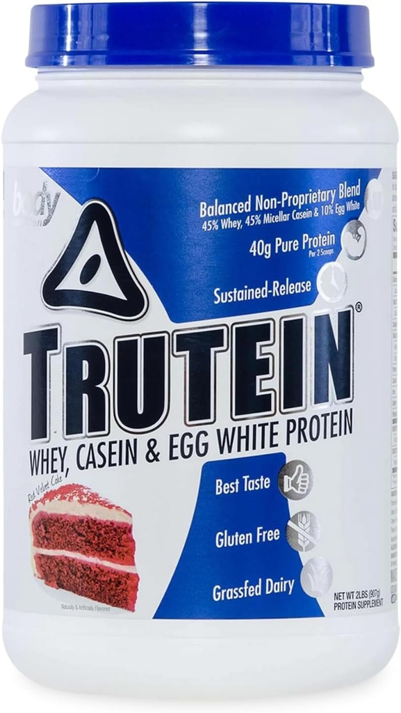 Body Nutrition Trutein High Protein Powder: 45% Whey, 45% Casein, 10% Egg White, Gluten-Free, Low Sodium, Grass Fed Whey Protein Powder, Gym Supplement &amp; Breakfast Shake, Red Velvet Cake, 2lb