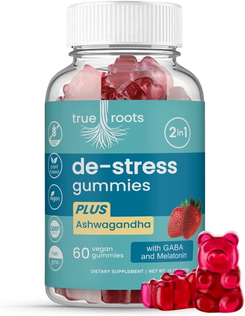 Stress Gummies Same Day Stress Relief ← Refugiarse y calmar Ashwagandha, GABA, Melatonin, l-Theanine, Lemon Balm ← Sugar Free Vegan 60 ct