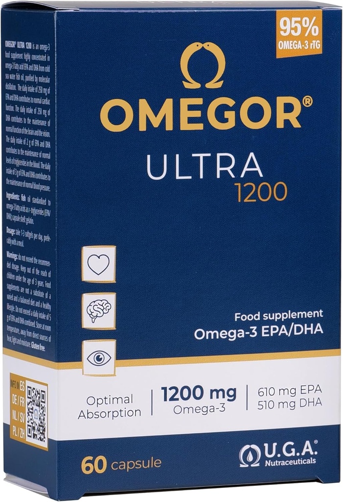 OMEGOR Omega 3 Fish Oil 1200mg Ultra - 610mg EPA y 510 DHA Omega3 IFOS Certified - alta biodisponibilidad y sin gusto (60 Caps)