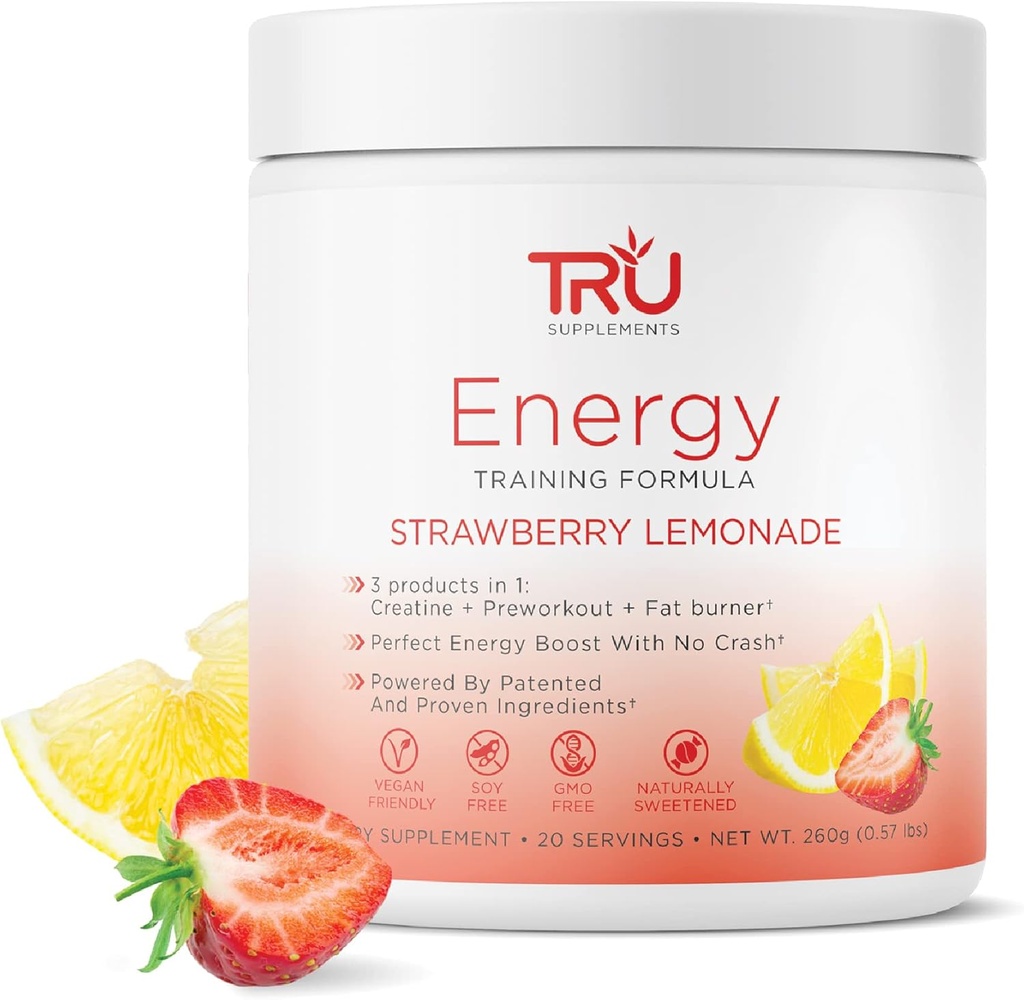 TRU Suplementos Energy, Pre Workout Training Fórmula, Vegan Friendly, No Jitters, Mejorar el rendimiento del entrenamiento, Sabores Naturalmente Extractos, 20 Servimientos (Strawberry Lemonade)