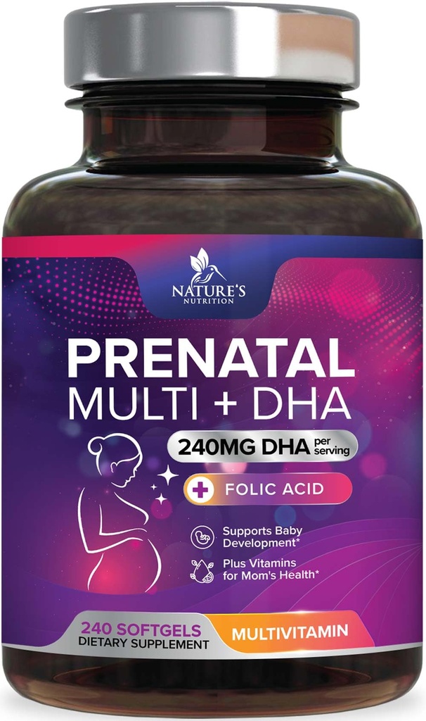 Vitaminas prenatales con ácido fólico " DHA, Fetal Brain Development Support with Folate " Omega 3, Prenatal Multivitamin for Women, Vitamina A, C, D, B6, B12 " Iron, Pregnancy Supplement - 240 Softgels