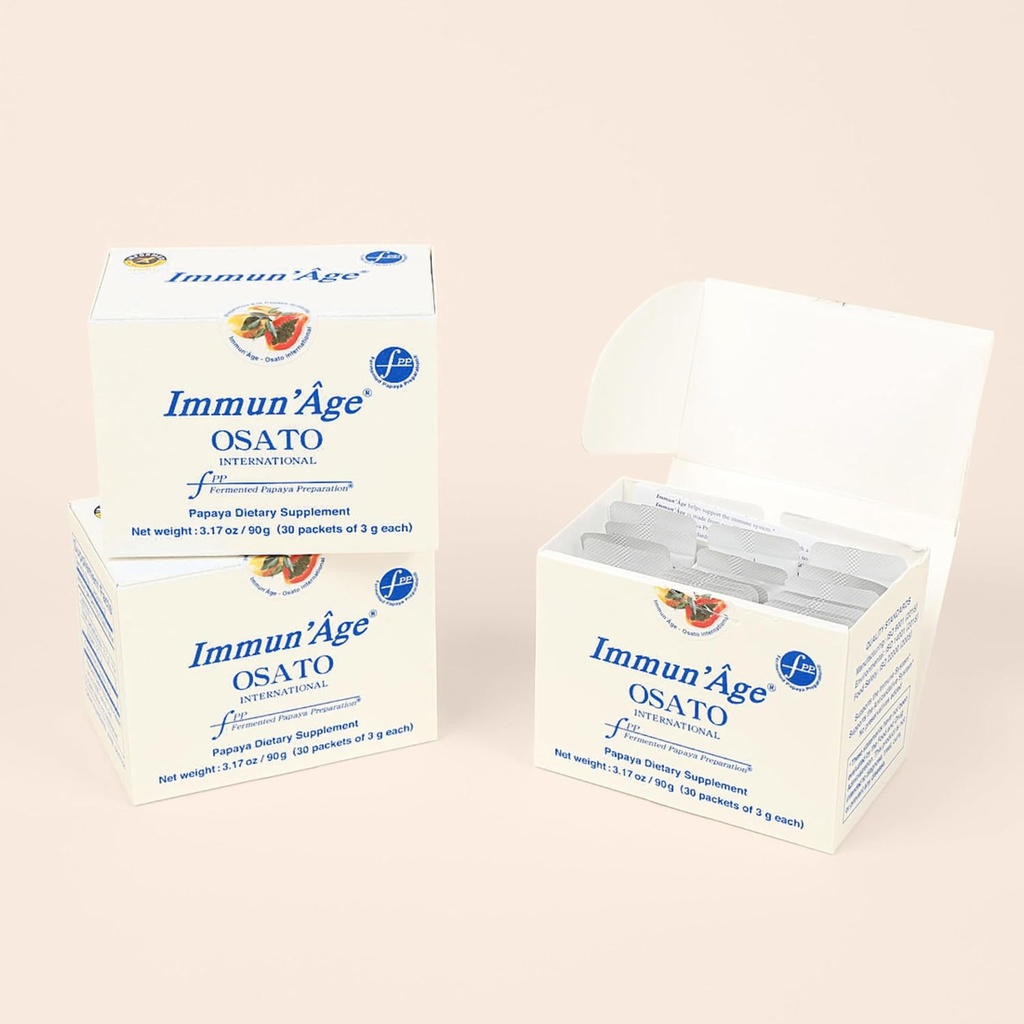 IMMUN'ÂGE 3-Month Supply - Anti-Aging, NRF2 activador, Immune Support & Antioxidant, Cellular Energy Production Supplement - 100% Japanese Fermented Papaya Powder - 3 Boxes (30 Packets x 3g por caja)