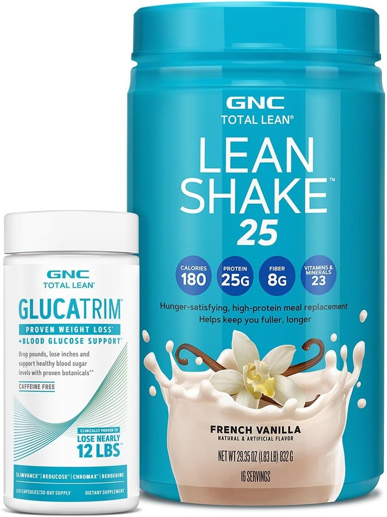 GNC Total Lean GlucaTrim - 120 Capsules (60 Servings) + GNC Total Lean ← Lean Shake 25 Protein Powder ← High-Protein Meal Replacement Shake ← French Vanilla tención 16 Servings