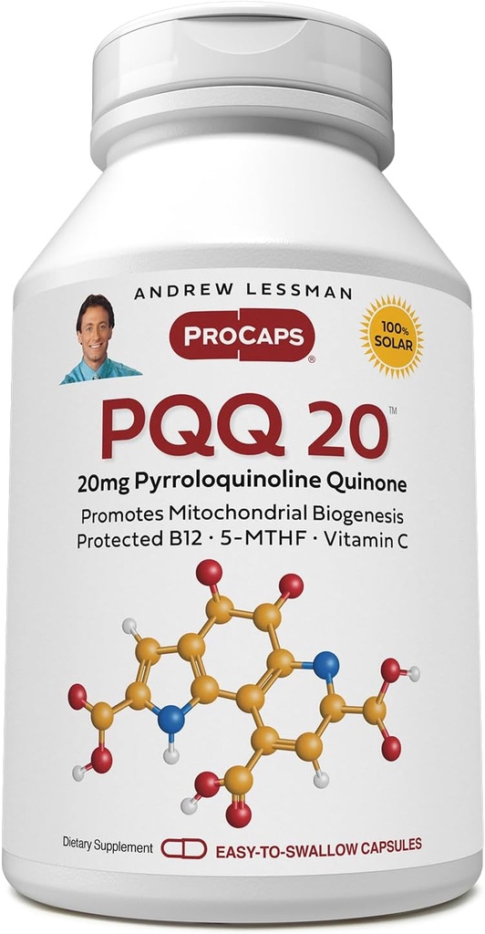 ANDREW LESSMAN PQ 20mg - 120 Capsules - 20mg Pyrroloquinoline Quinone, Natural Protective Compound soporta órganos vitales, corazón, cerebro, hígado, sistema inmunológico. Biogénesis mitocondrial, sin aditivos