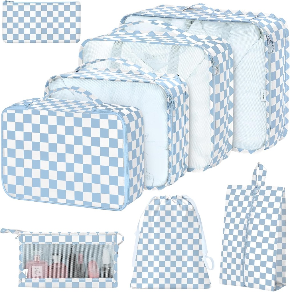 8 Set Embalaje Cubos para maletas,Packing Cubes con bolsa de zapatos, bolsa cosmética, bolsa de ropa, accesorios Bolsas Embalaje Cubos para equipaje de viaje Organizador Mujeres Hombres(Blue Checkered)