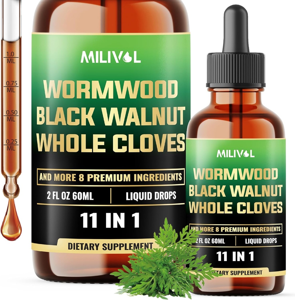Wormwood Liquid Drops - Wormwood Extract Tincture with Black Walnut, Whole Cloves &amp; 8 Más hierbas - 2 Fl Oz para 60 días de suministro